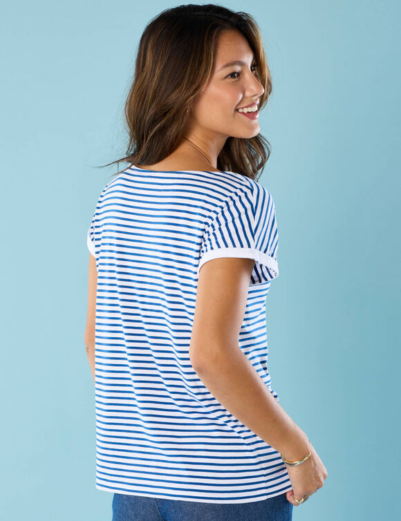 T-shirt manches courtes rayé imprimé placé,  Spécial Petites (blanc / bleu) T-shirt manches courtes rayé imprimé placé,  Spécial Petites (blanc / bleu)